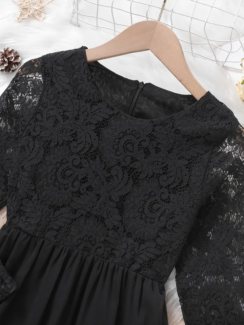 Lace Trim Long Sleeve Ruffle Dresses