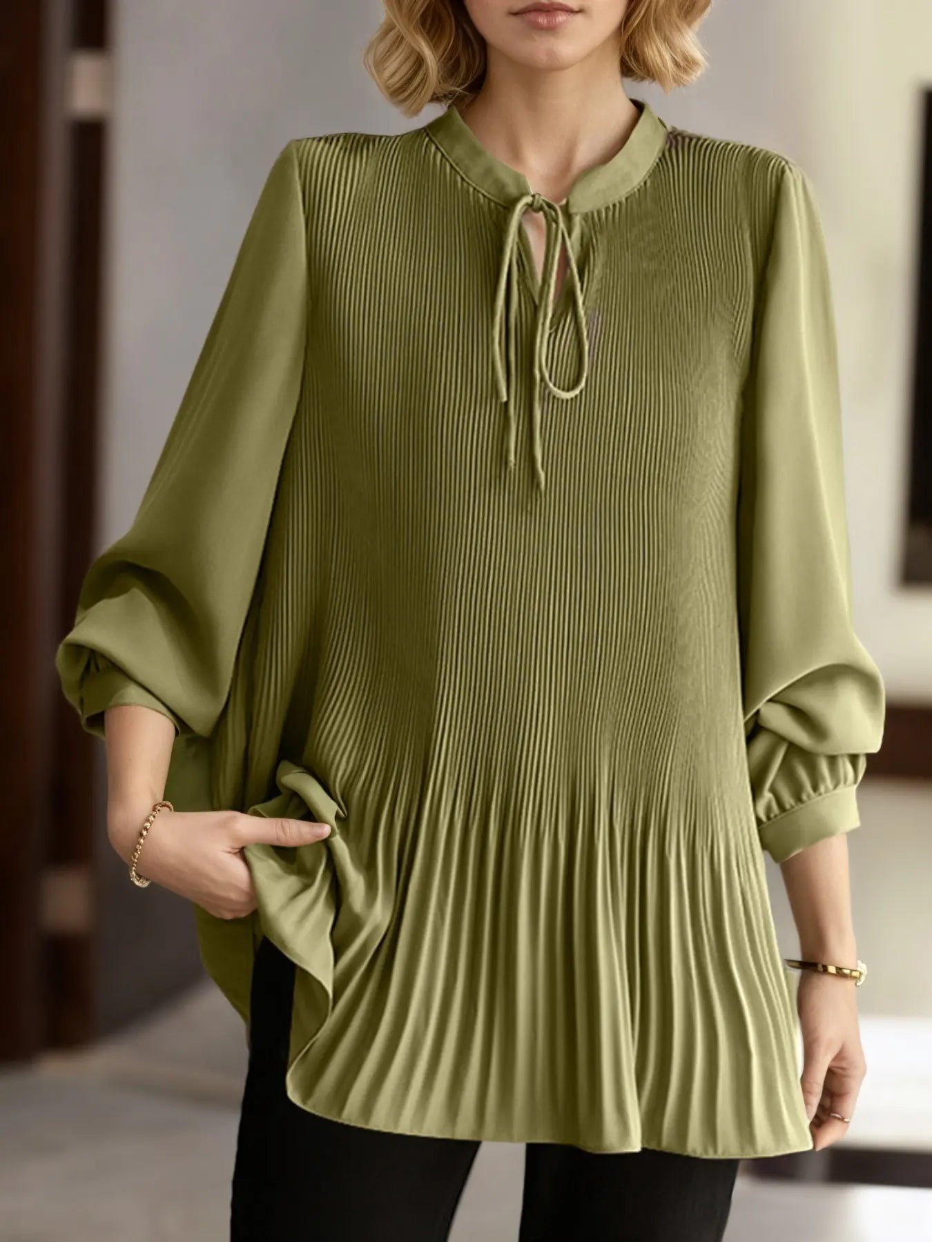 ZANZEA Plus Size Fine Pleated Long Sleeve Top