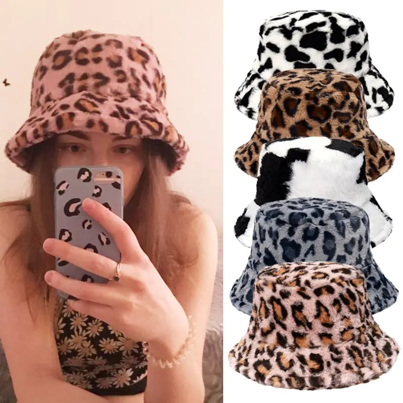 Winter Cow Leopard Faux Fur Bucket Hats