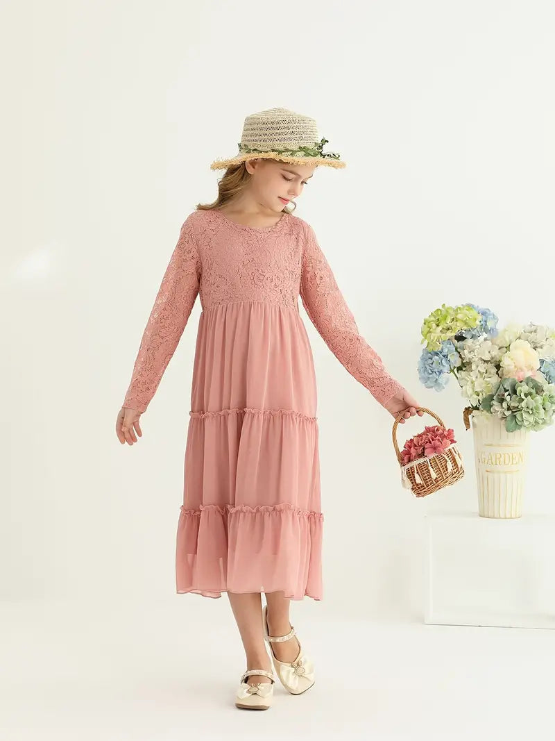 Lace Trim Long Sleeve Ruffle Dresses