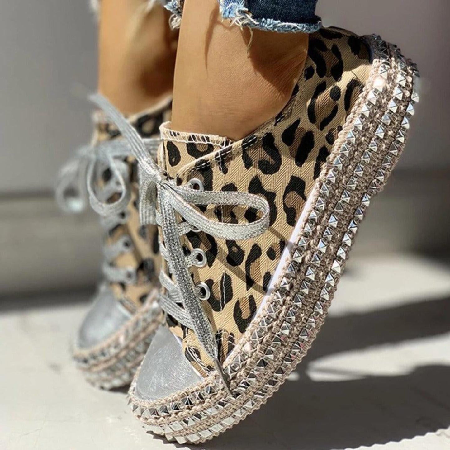 Leopard Print and Black Bling Canvas Shoes
