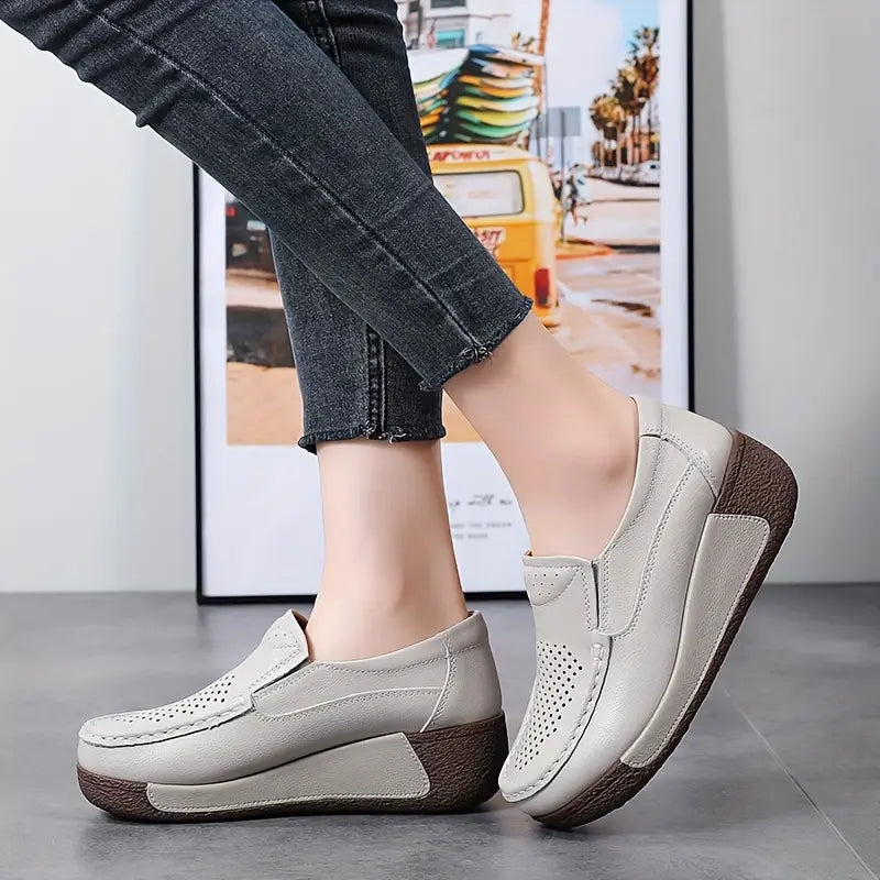 Lightweight Cowhide Leather Slip-On Platform Loafers