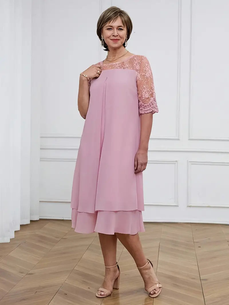Plus Size Embroidered Chiffon Midi Dress