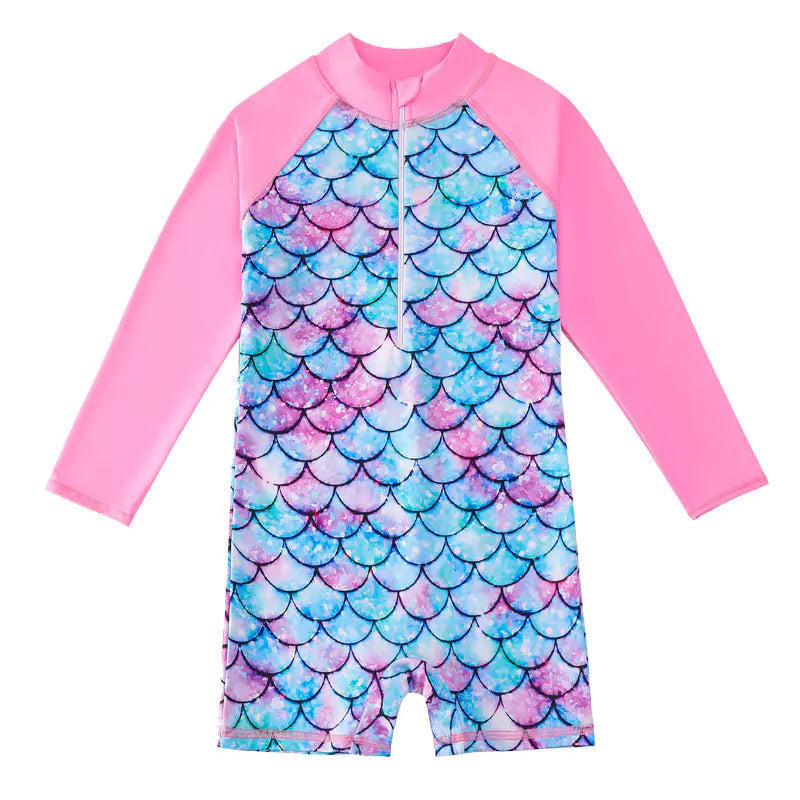 Girls Mermaid One Piece Rash Guard Swimsuits