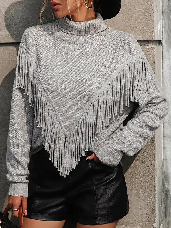 Fringed Turtleneck Knitted Sweater