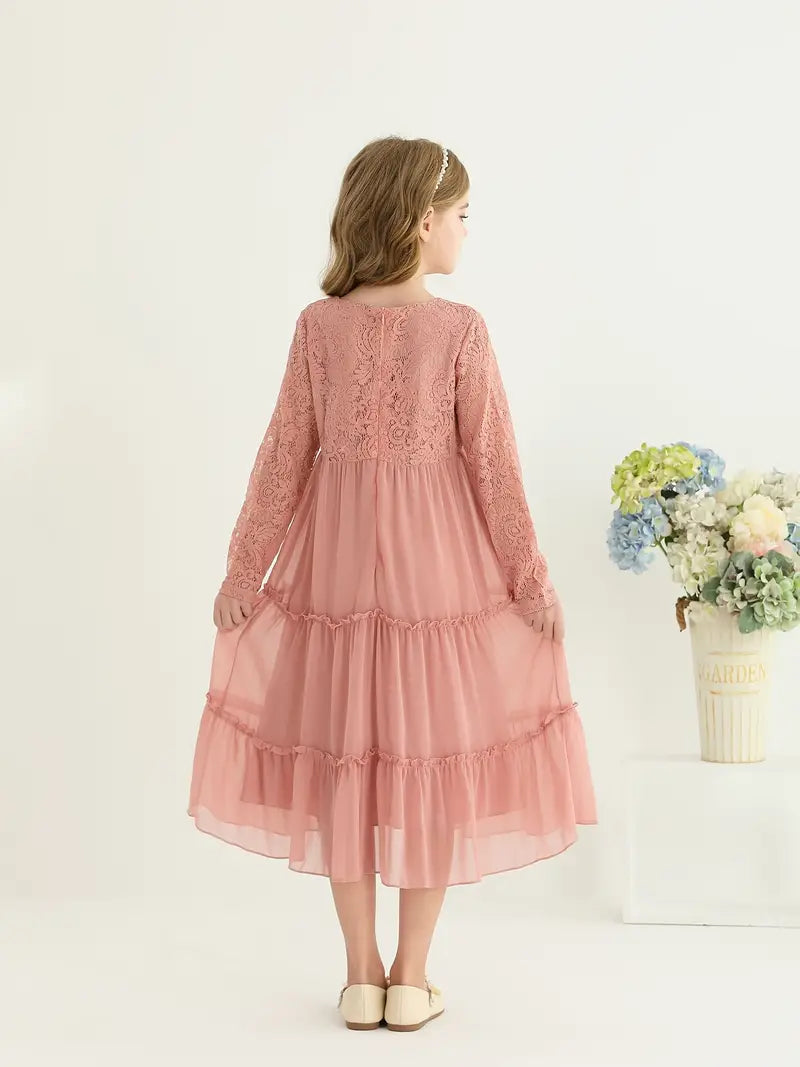 Lace Trim Long Sleeve Ruffle Dresses