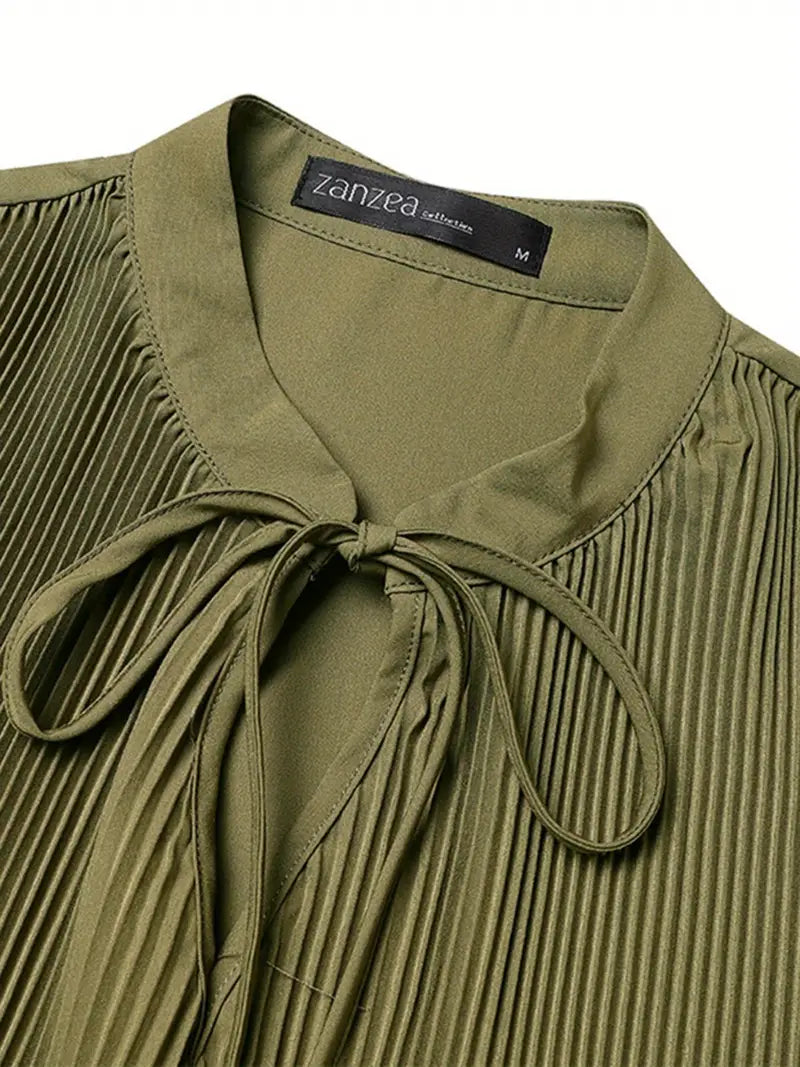 ZANZEA Plus Size Fine Pleated Long Sleeve Top
