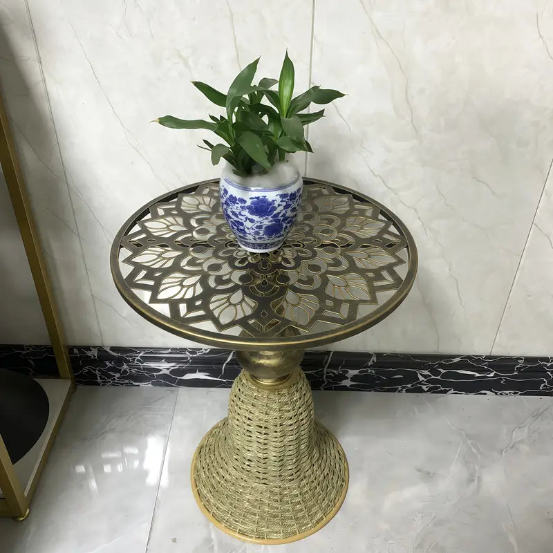 Intricate Floral Metal & Handcrafted Rattan Coffee Table