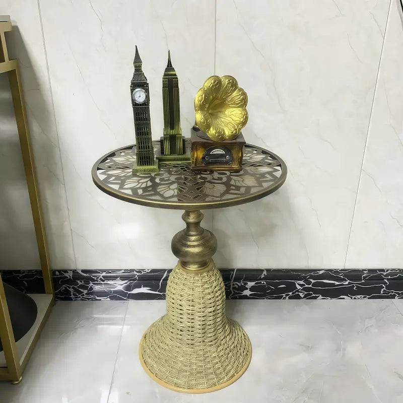 Intricate Floral Metal & Handcrafted Rattan Coffee Table