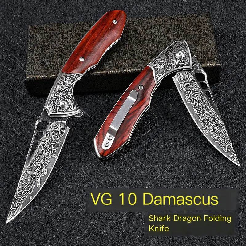 DRACHENADER VG 10 Damascus Shark Dragon Pocket Knife