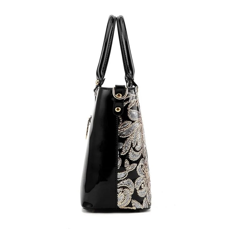 Luxury Sequin Embroidery Patent Leather Handbag