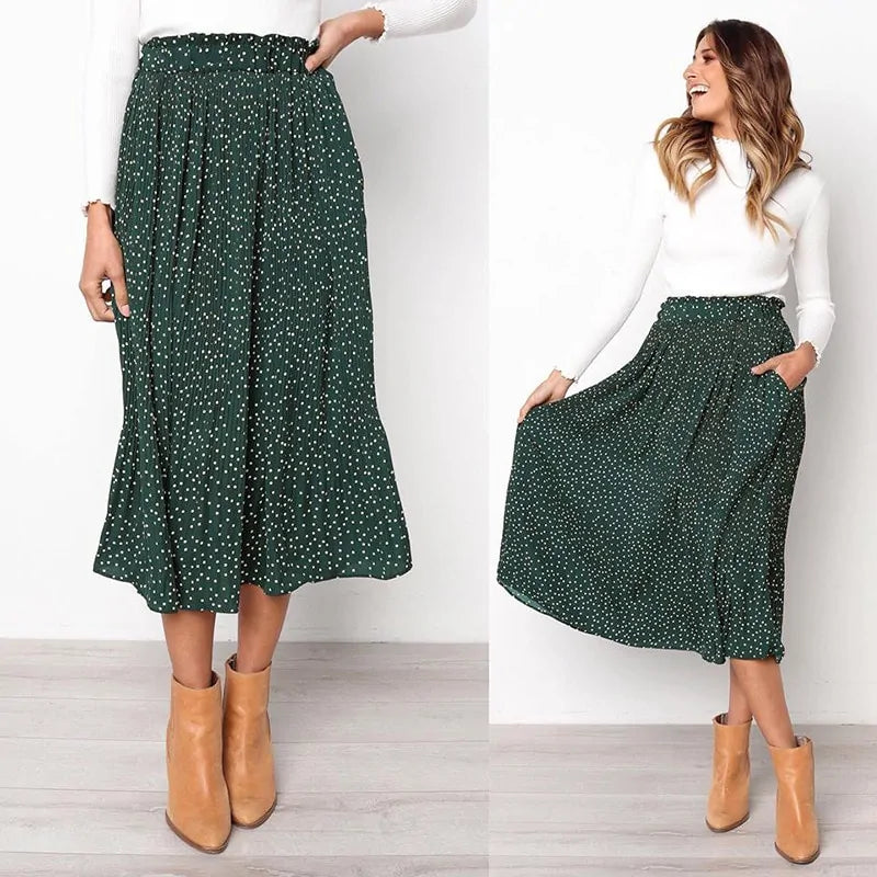 Polka Dot Elastic High Waist Pleated Midi Skirts