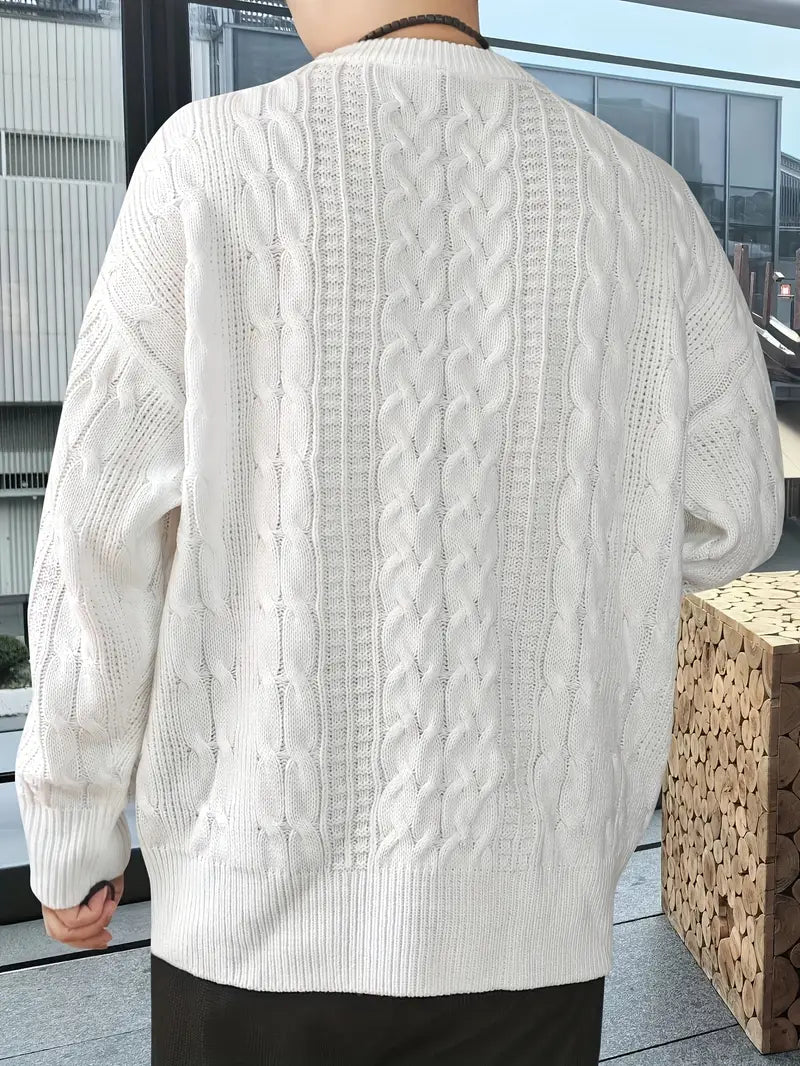 Cozy Geometric Plus Size Acrylic Aran Crew Neck Sweater