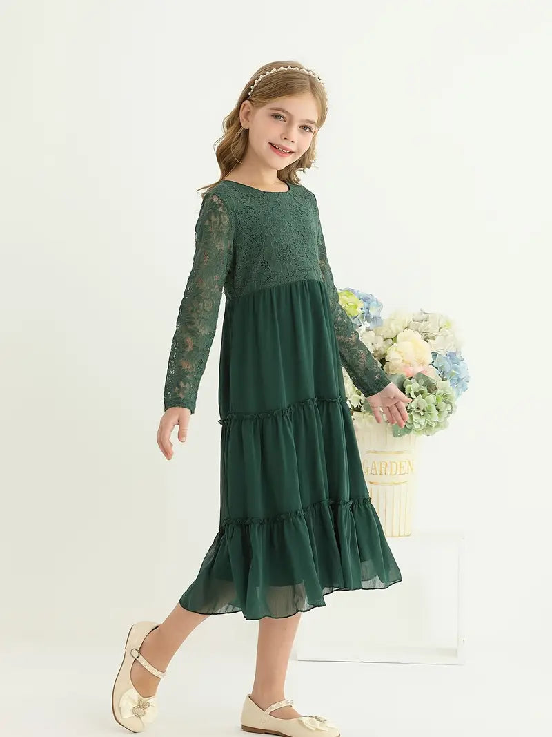 Lace Trim Long Sleeve Ruffle Dresses