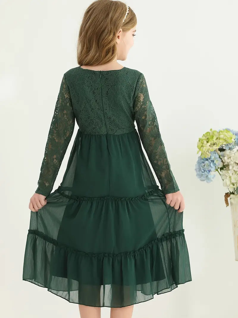 Lace Trim Long Sleeve Ruffle Dresses
