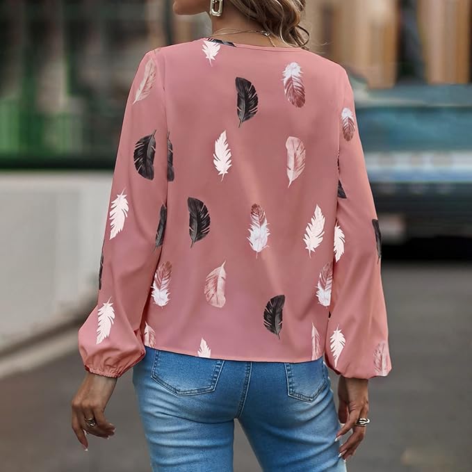 Feather Notched Neck Bishop Sleeve Blouses