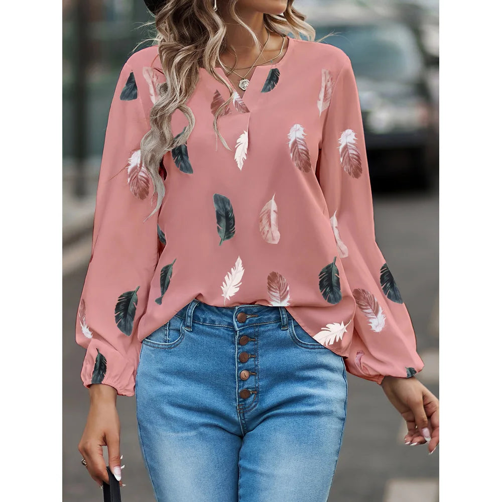 Feather Notched Neck Bishop Sleeve Blouses