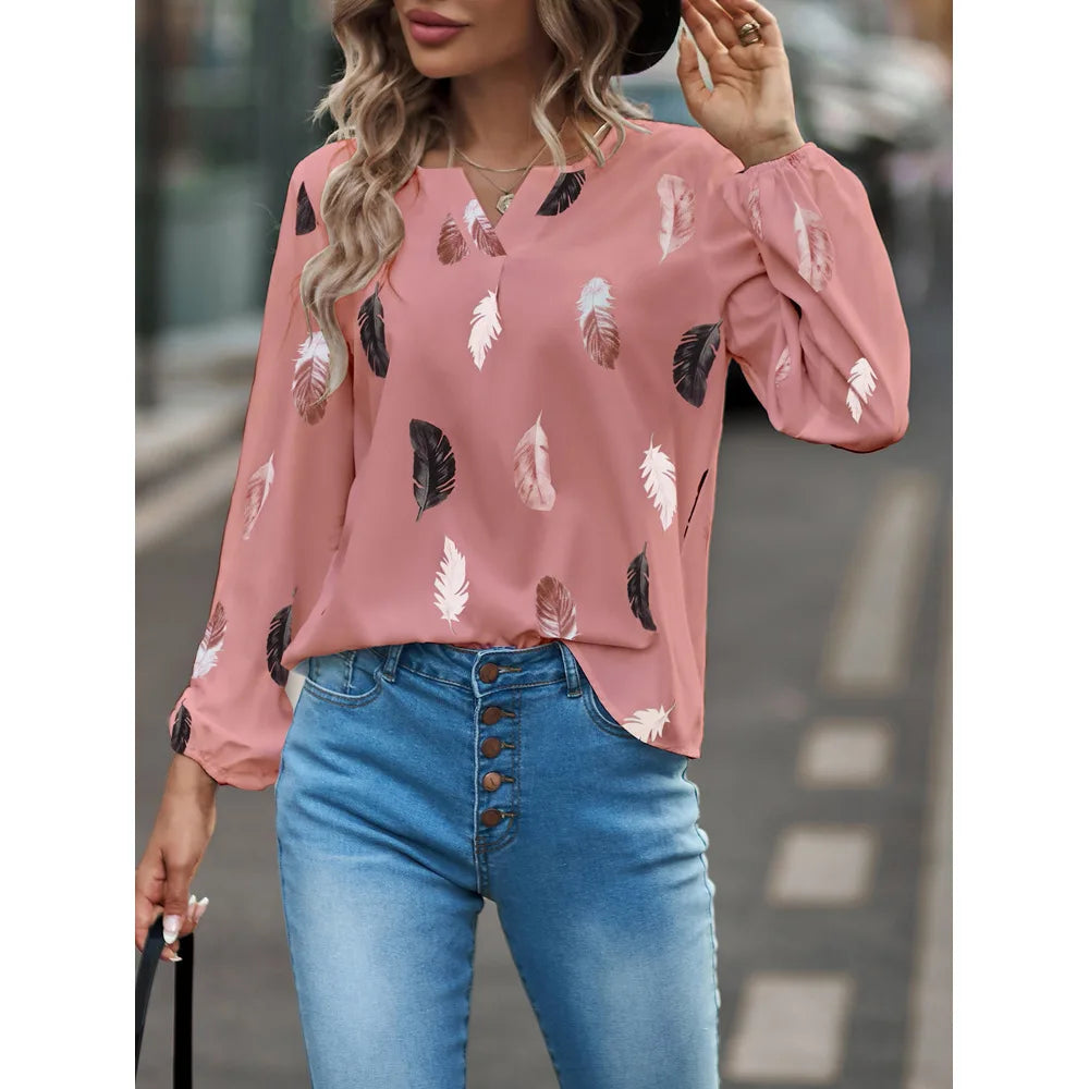 Feather Notched Neck Bishop Sleeve Blouses