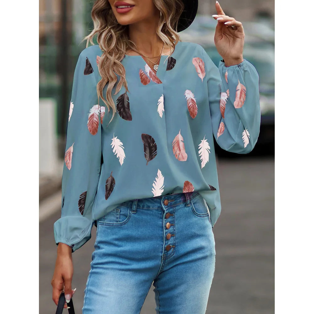 Feather Notched Neck Bishop Sleeve Blouses