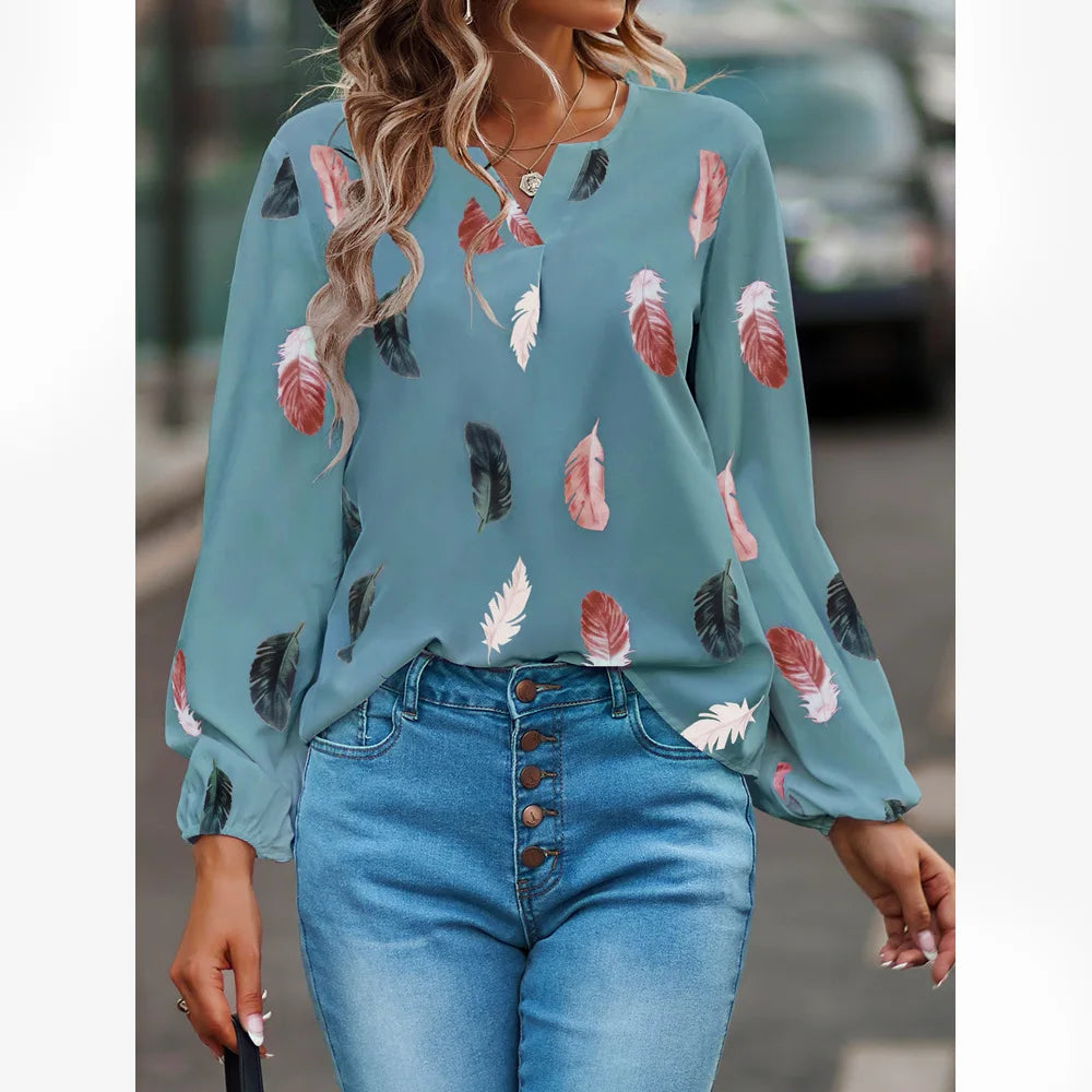 Feather Notched Neck Bishop Sleeve Blouses