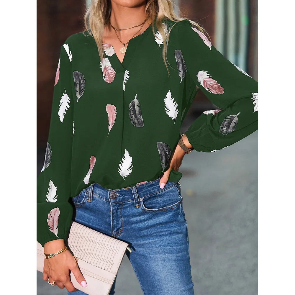 Feather Notched Neck Bishop Sleeve Blouses