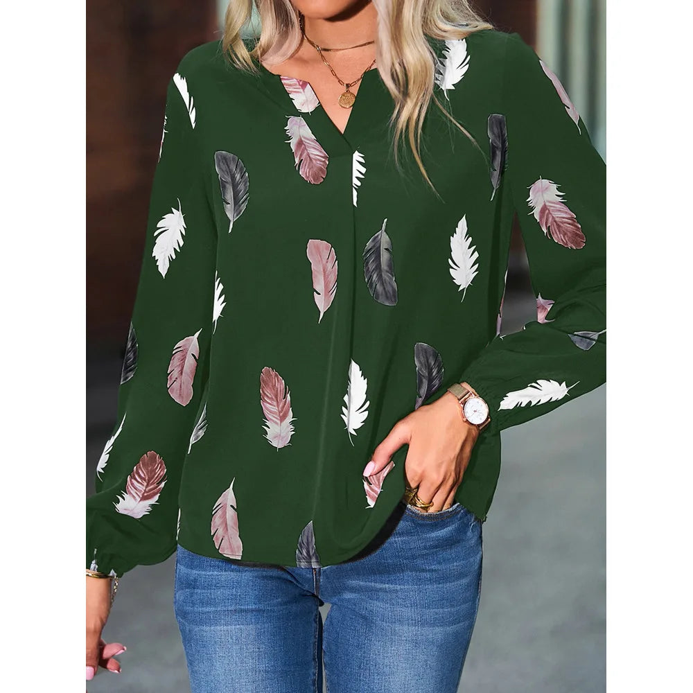 Feather Notched Neck Bishop Sleeve Blouses