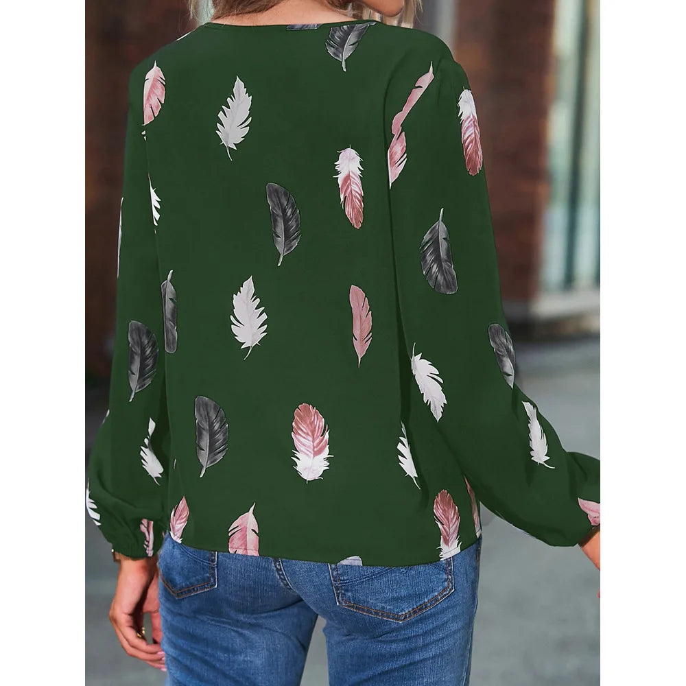 Feather Notched Neck Bishop Sleeve Blouses