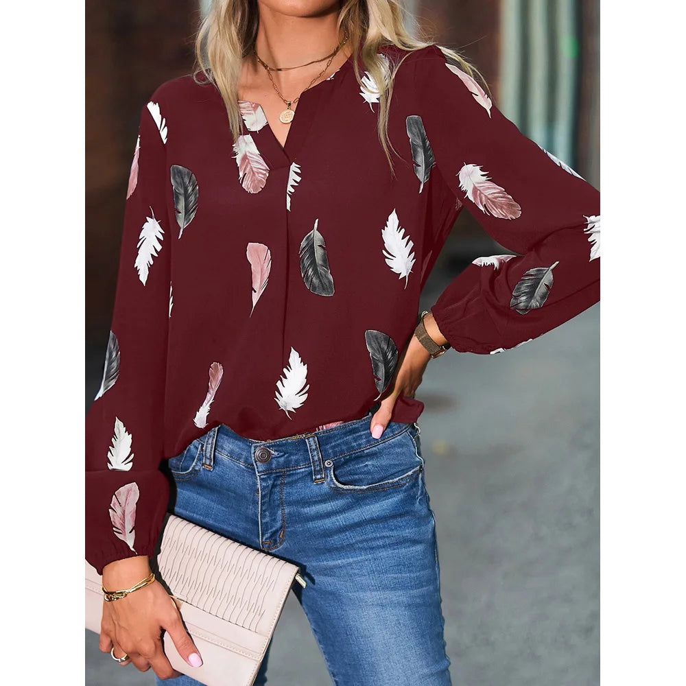 Feather Notched Neck Bishop Sleeve Blouses