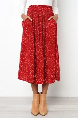 Polka Dot Elastic High Waist Pleated Midi Skirts