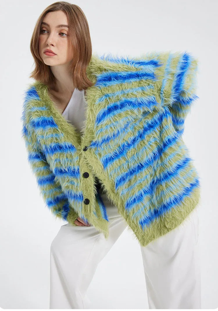 Fuzzy Striped Knit Cardigan
