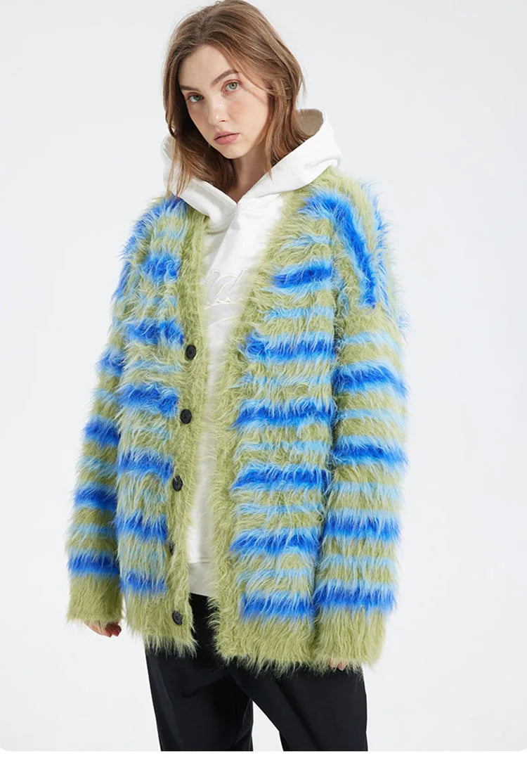 Fuzzy Striped Knit Cardigan