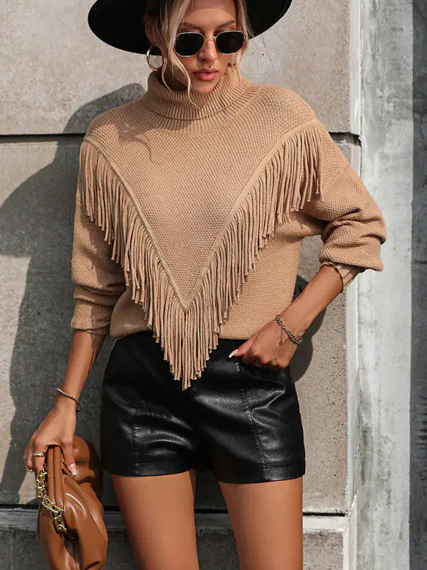 Fringed Turtleneck Knitted Sweater