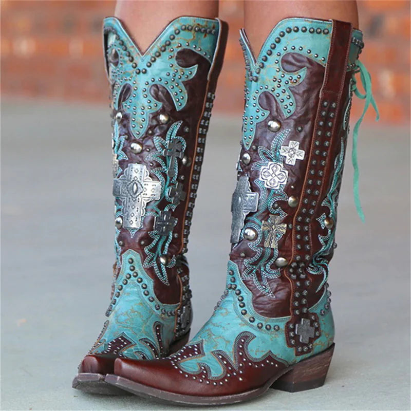 Chic Embroidered Mid-Calf Western Boots