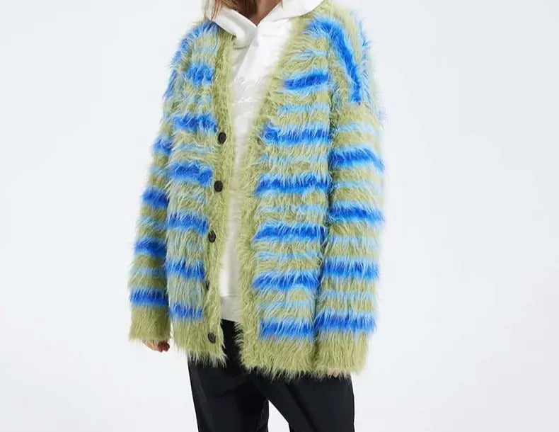 Fuzzy Striped Knit Cardigan