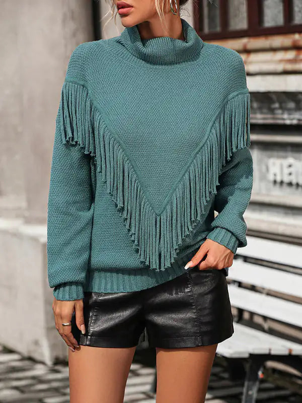 Fringed Turtleneck Knitted Sweater