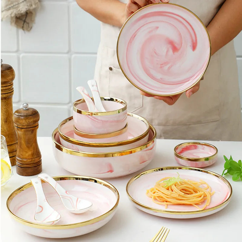 CasaVero's Pink Marble Gold Rim Dinnerware