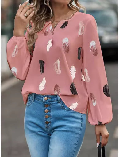 Feather Notched Neck Bishop Sleeve Blouses