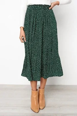 Polka Dot Elastic High Waist Pleated Midi Skirts