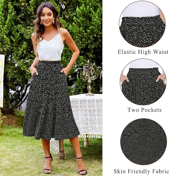 Polka Dot Elastic High Waist Pleated Midi Skirts