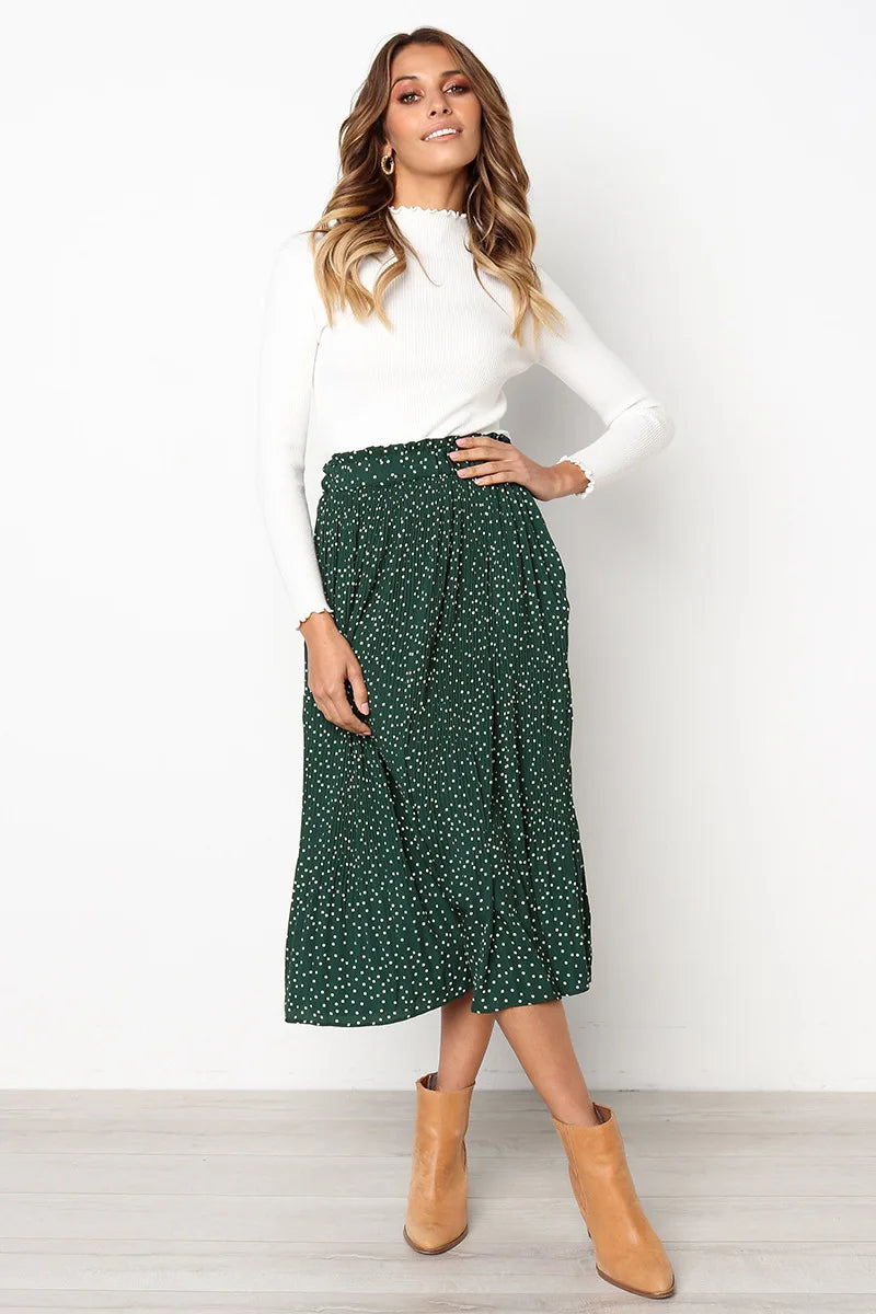 Polka Dot Elastic High Waist Pleated Midi Skirts