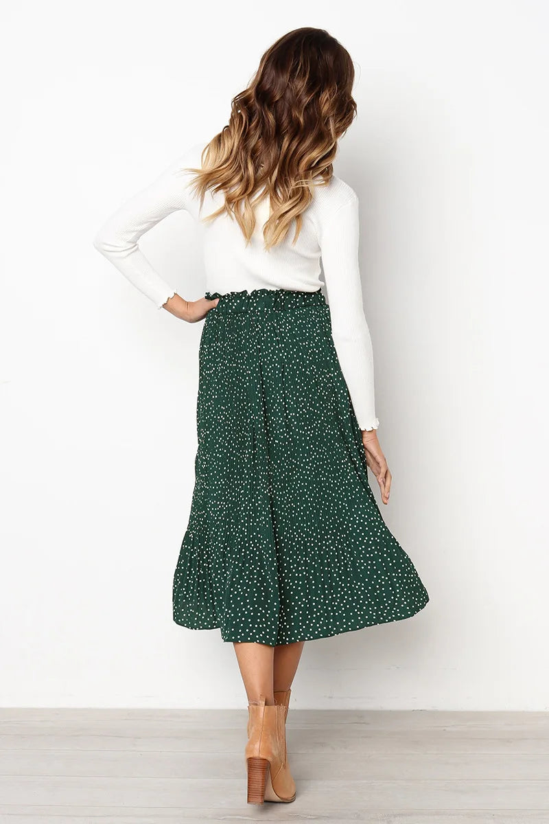 Polka Dot Elastic High Waist Pleated Midi Skirts