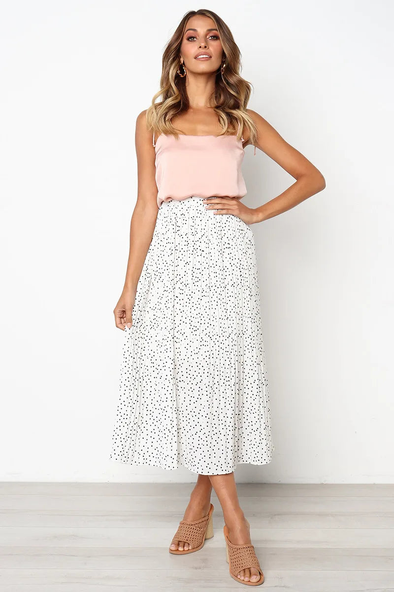 Polka Dot Elastic High Waist Pleated Midi Skirts
