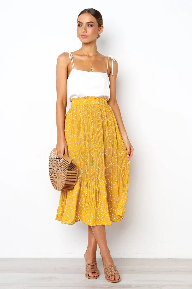 Polka Dot Elastic High Waist Pleated Midi Skirts