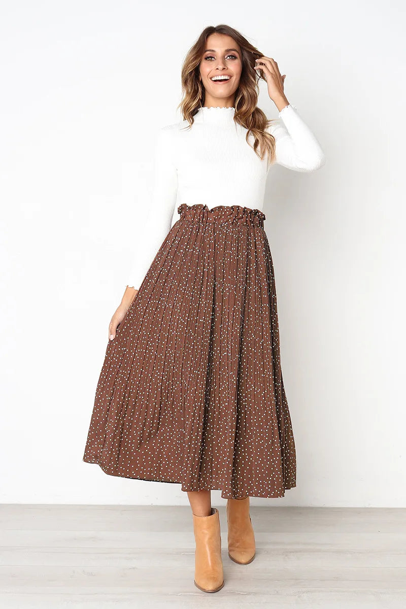 Polka Dot Elastic High Waist Pleated Midi Skirts