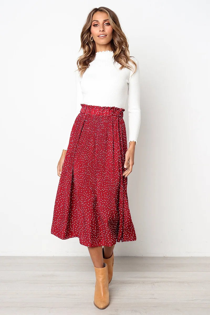 Polka Dot Elastic High Waist Pleated Midi Skirts