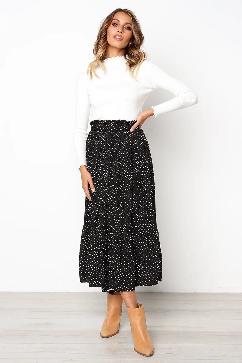 Polka Dot Elastic High Waist Pleated Midi Skirts