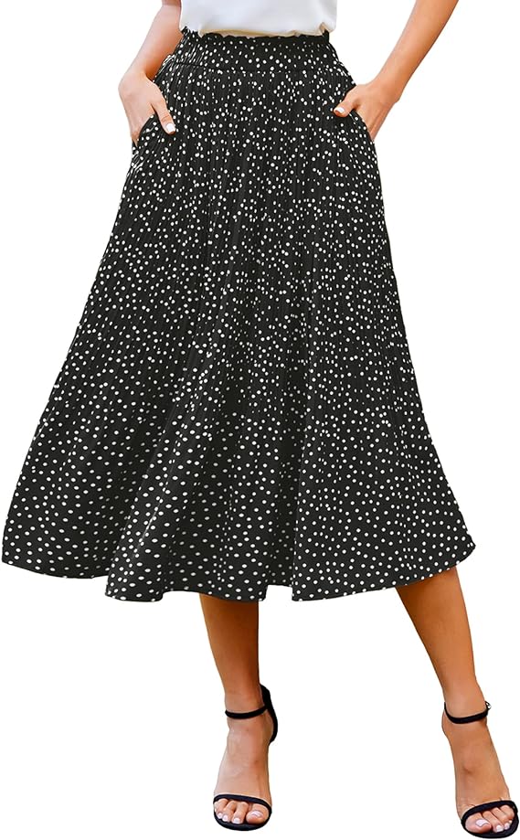 Polka Dot Elastic High Waist Pleated Midi Skirts