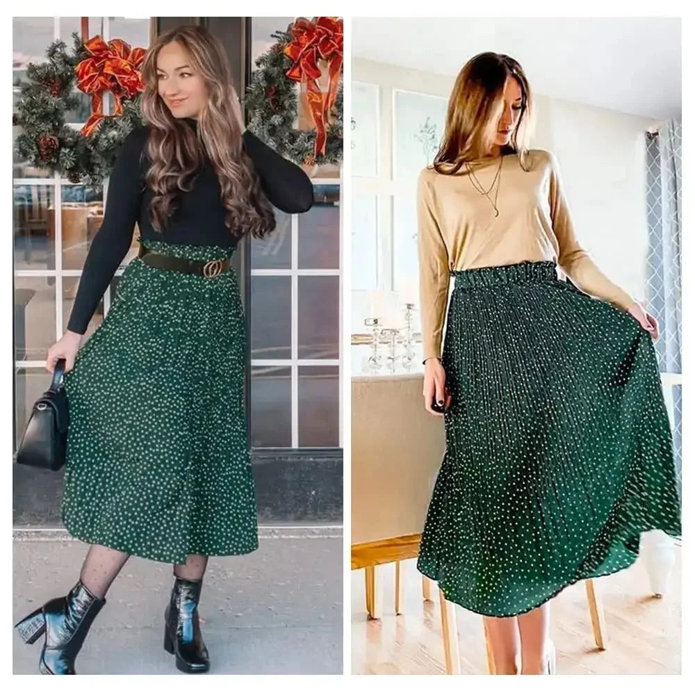 Polka Dot Elastic High Waist Pleated Midi Skirts