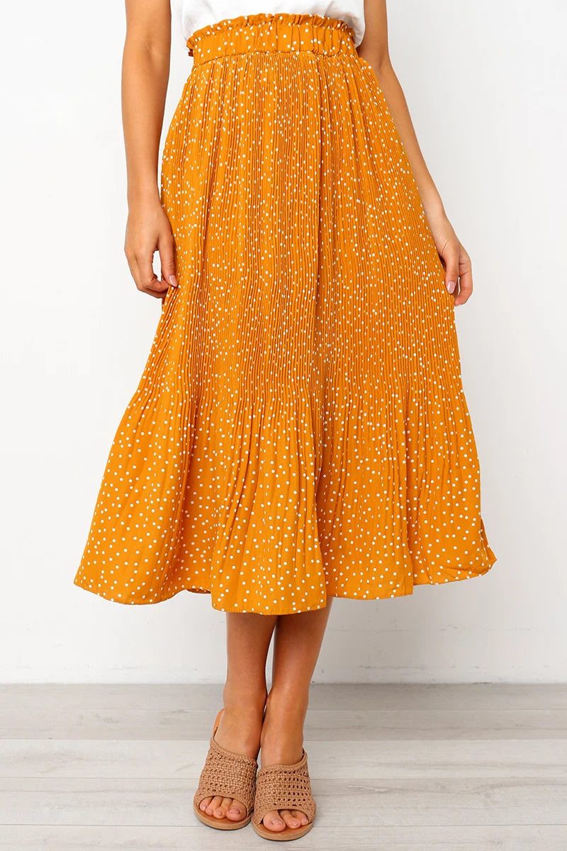 Polka Dot Elastic High Waist Pleated Midi Skirts