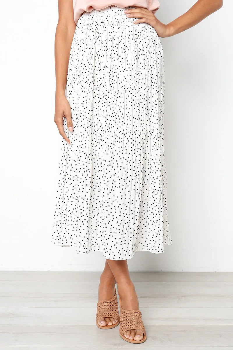 Polka Dot Elastic High Waist Pleated Midi Skirts